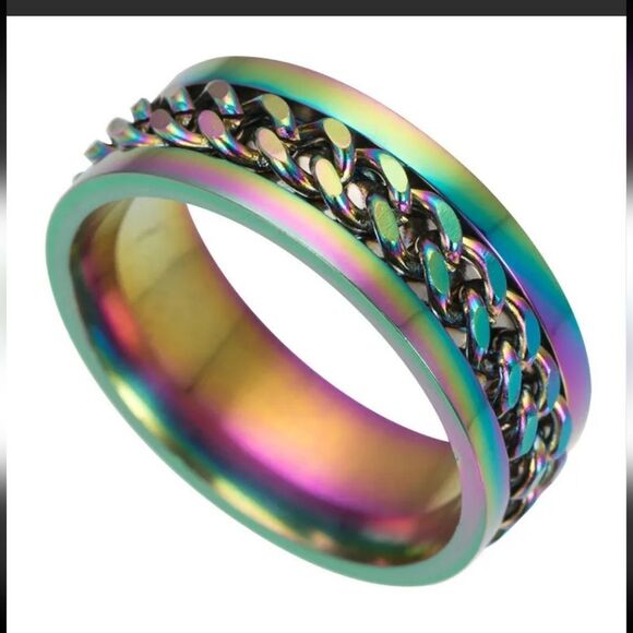 NWT AB Rainbow Oil Spill Stainless Steel Spinner Ring Size 9 - Picture 7 of 7